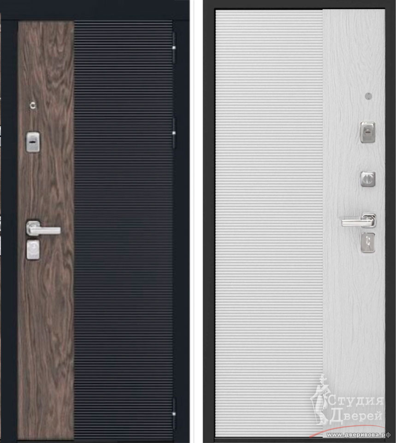 Дверь стальная С-112 Черный муар + кварц черный+орех моко/Софт ясень белый+Софт белый